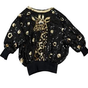 MODI Giraffe Sequin Sweater 100% Silk Black Gold Vintage 80s Animal Art L